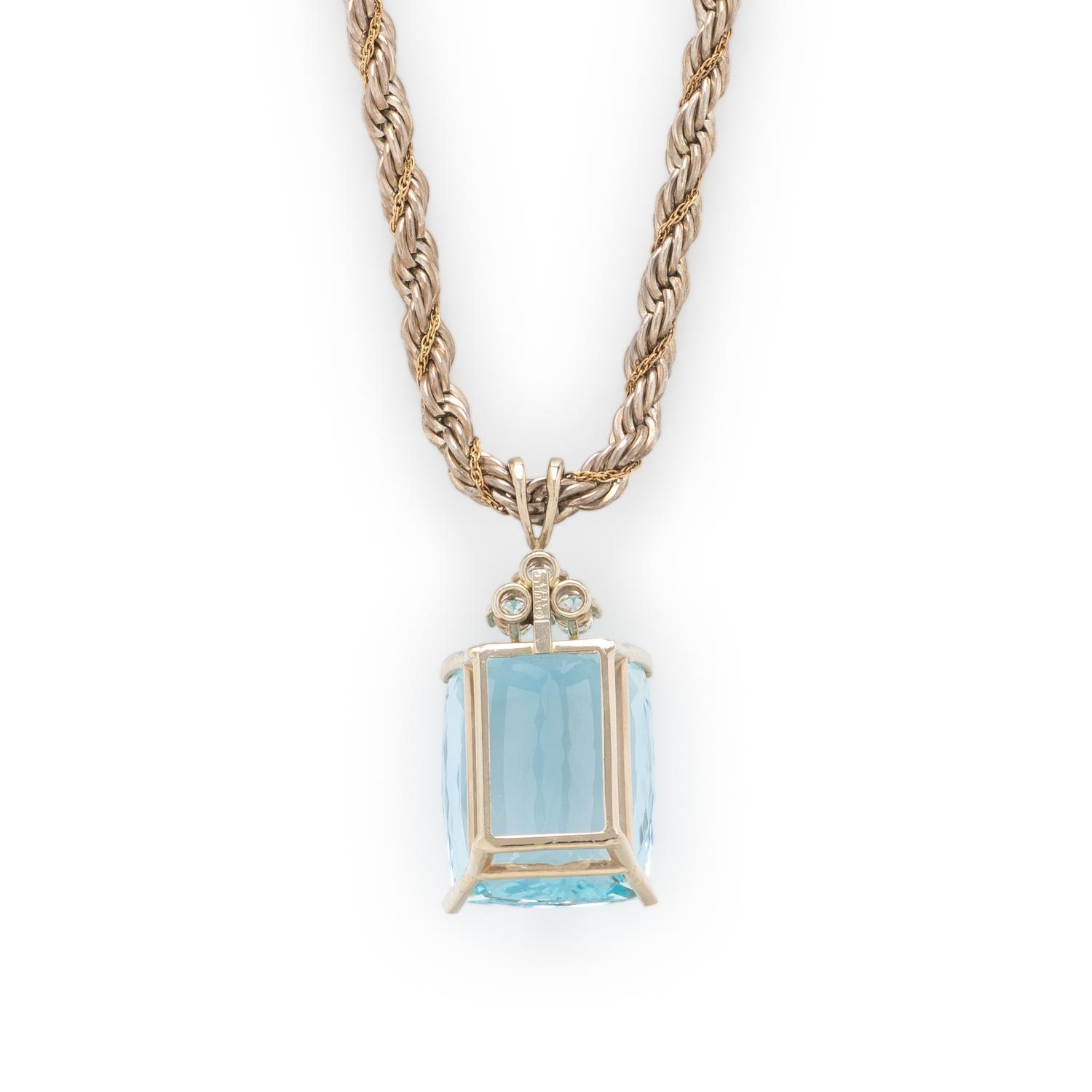 AQUAMARINE AND DIAMOND PENDANT WITH SILVER CHAIN