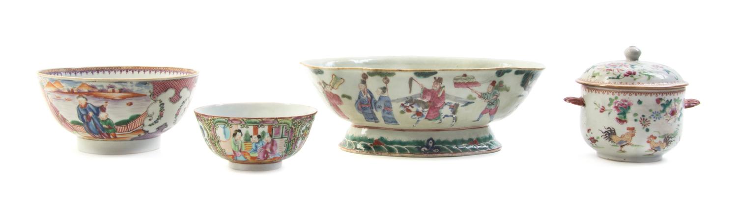 Four Chinese Export Porcelain Articles, Width of widest bowl 10 5/8 inches.