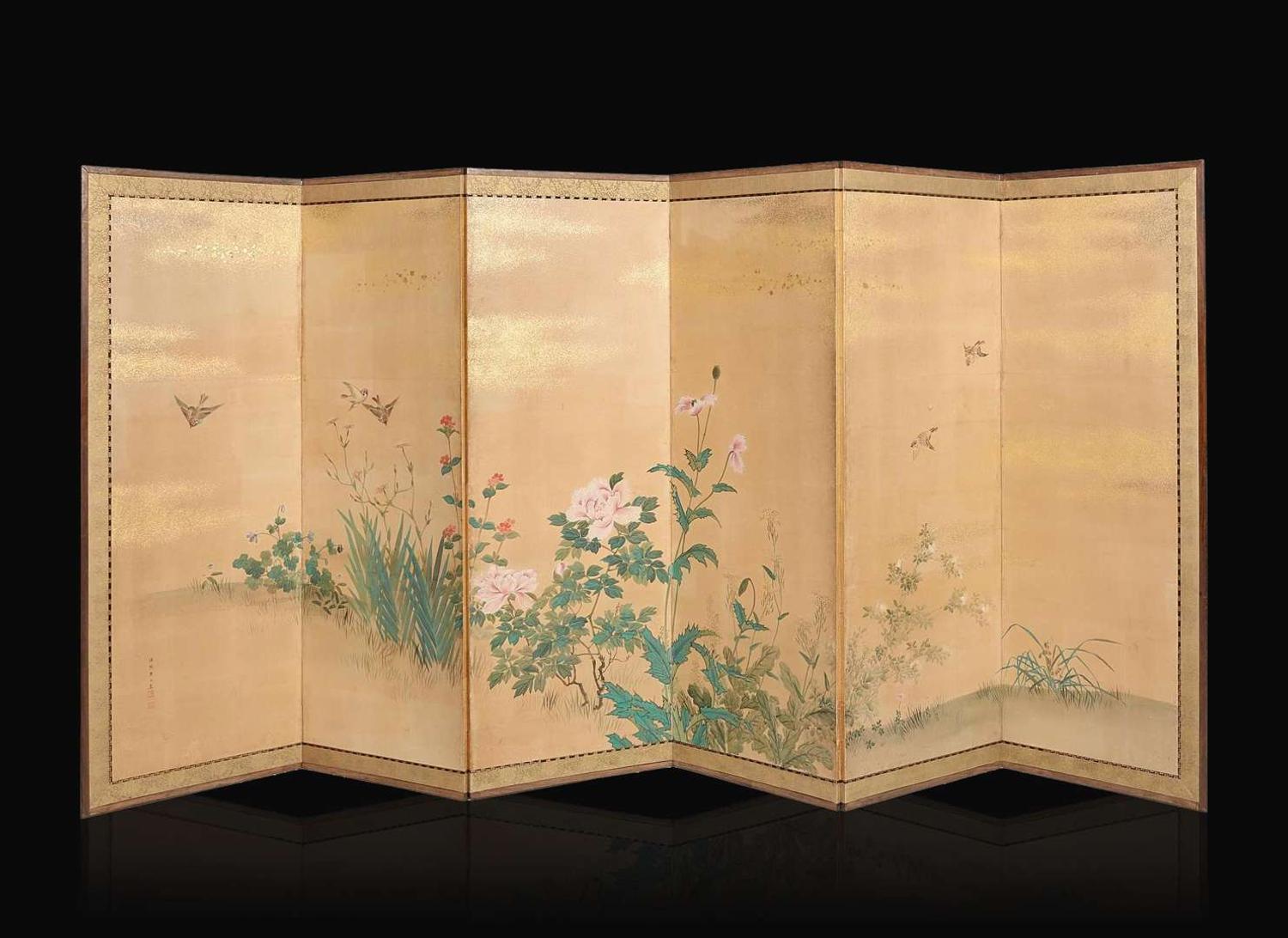 A Japanese "Sparrows and Flowers" six-fold screen, signed "Hokkyo Osei ga", Edo period 日本花鳥六開屏風 法橋應成寫 江戶
