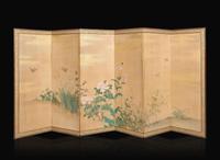 A Japanese "Sparrows and Flowers" six-fold screen, signed "Hokkyo Osei ga", Edo period 日本花鳥六開屏風 法橋應成寫 江戶