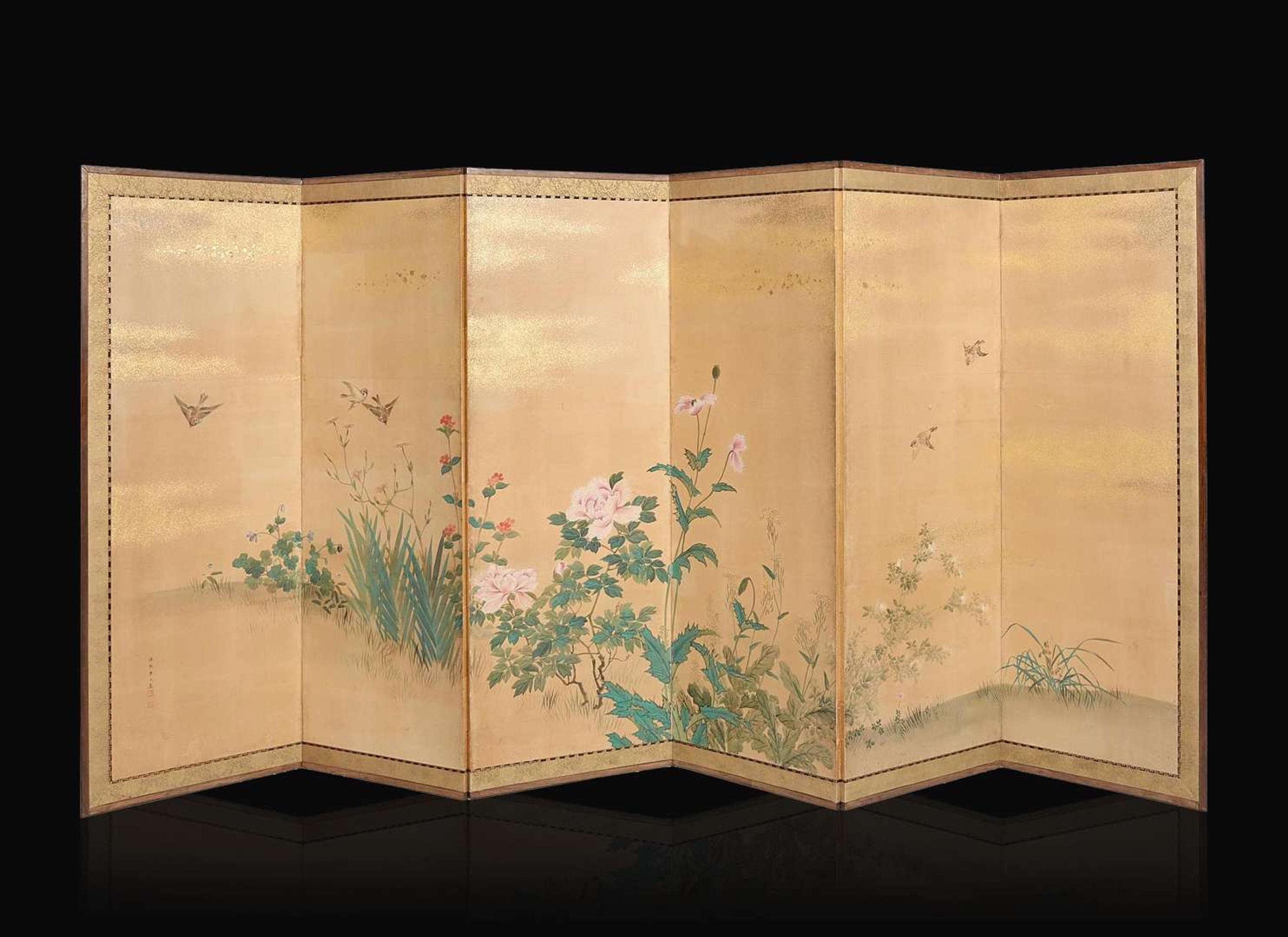 A Japanese "Sparrows and Flowers" six-fold screen, signed "Hokkyo Osei ga", Edo period 日本花鳥六開屏風 法橋應成寫 江戶