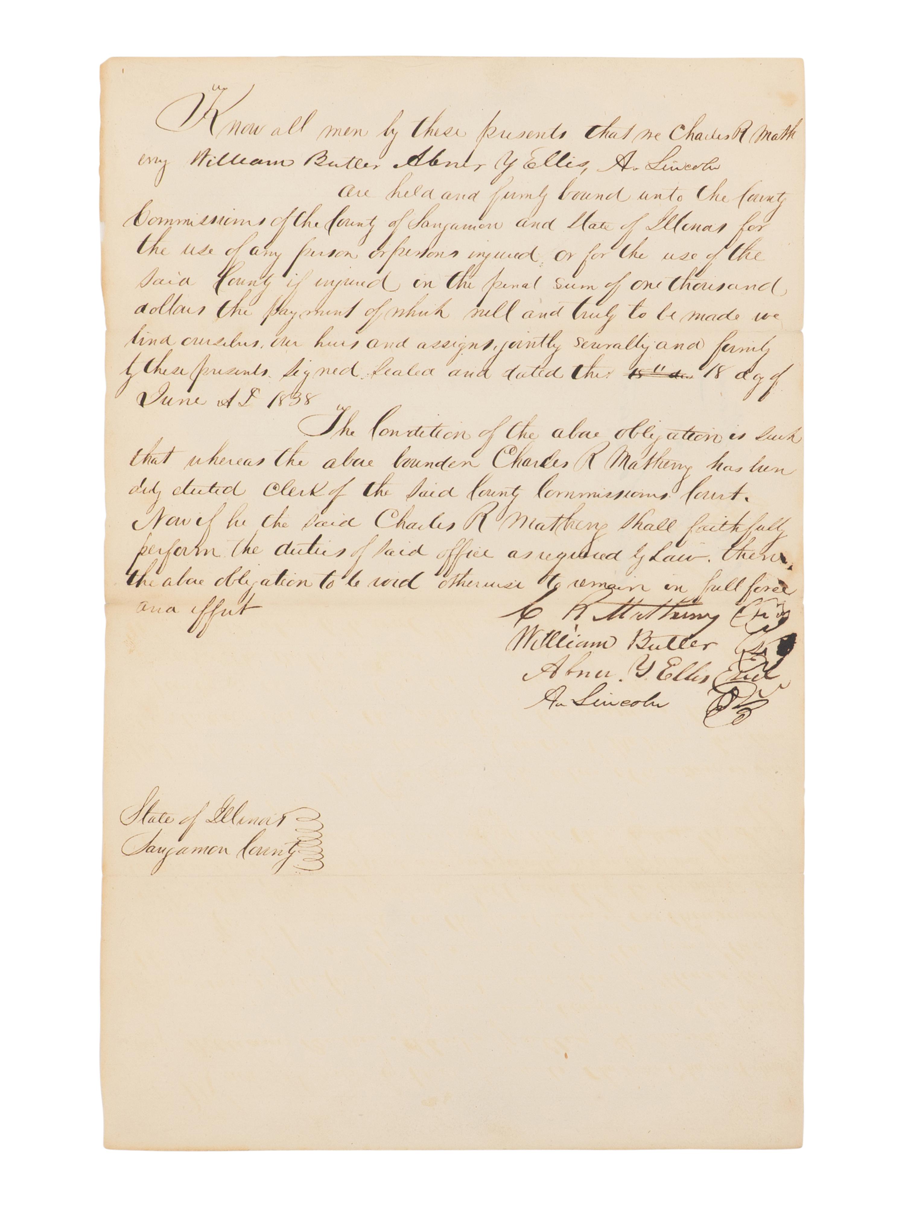 LINCOLN, Abraham (1809-1865). Manuscript document signed twice ("A. Lincoln"), [Springfield], 18 June 1838.