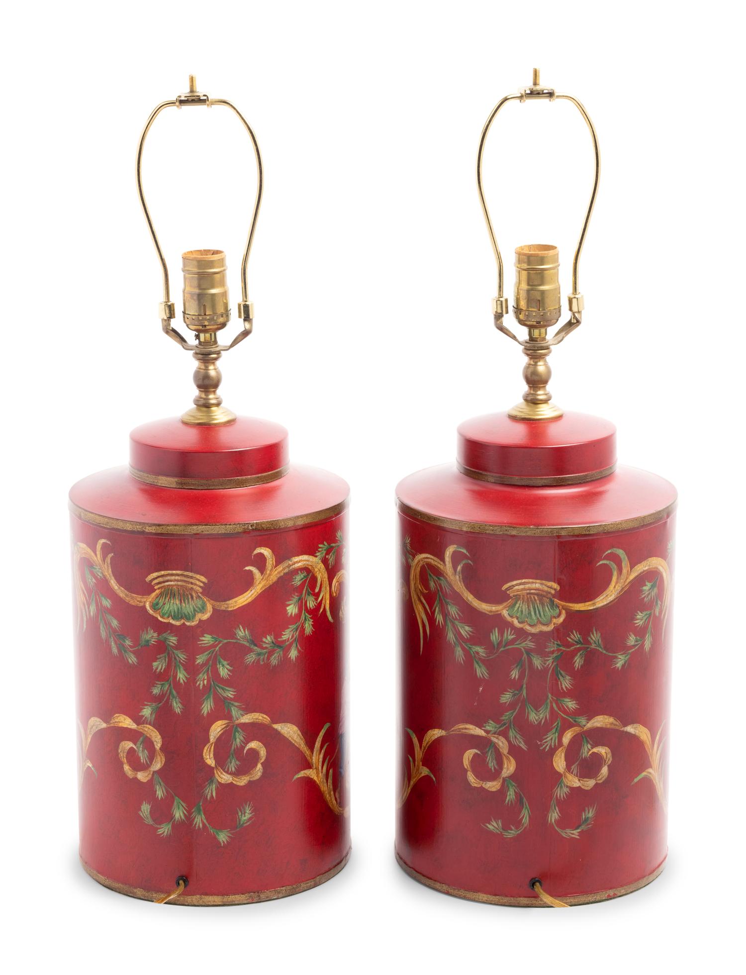 A Pair of Polychrome Painted Tea Canisters Mounted as Lamps