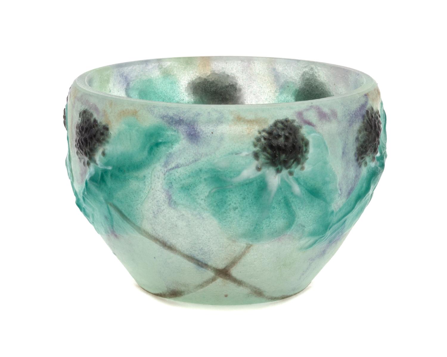 A Gabriel Argy-Rousseau Anemones Pate de Verre Bowl Height 3 x diameter 4 1/2 inches.
