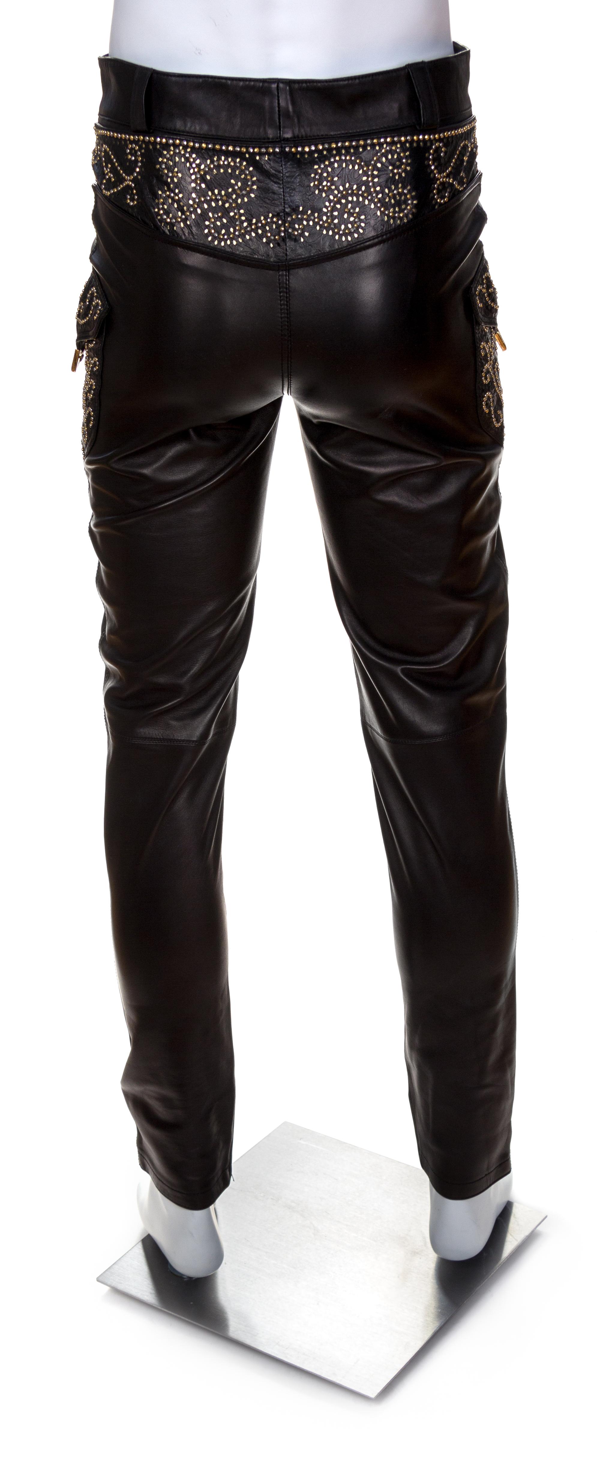 A Gianni Versace Black Leather Men's Pant, Size 48.