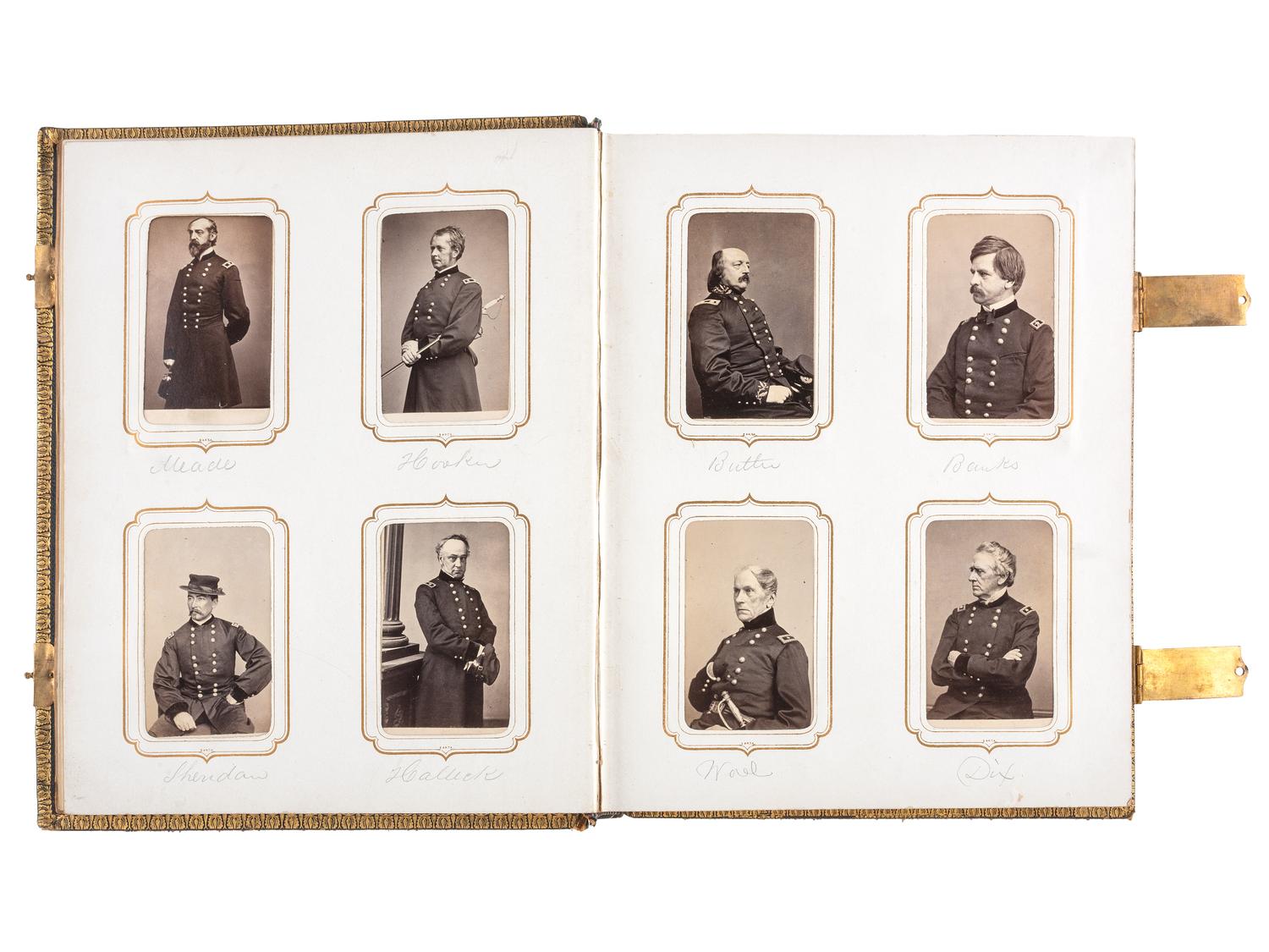 [CIVIL WAR]. BRADY, Mathew, photographer. Exceptional album containing 120 CDVs of Union generals and officers, incl. Joshua Chamberlain and George A. Custer. New York, NY: E. & H.T. Anthony, 1860s.
