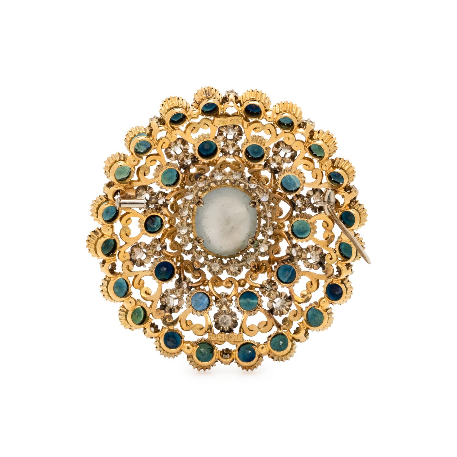 STAR SAPPHIRE, DIAMOND AND SAPPHIRE BROOCH