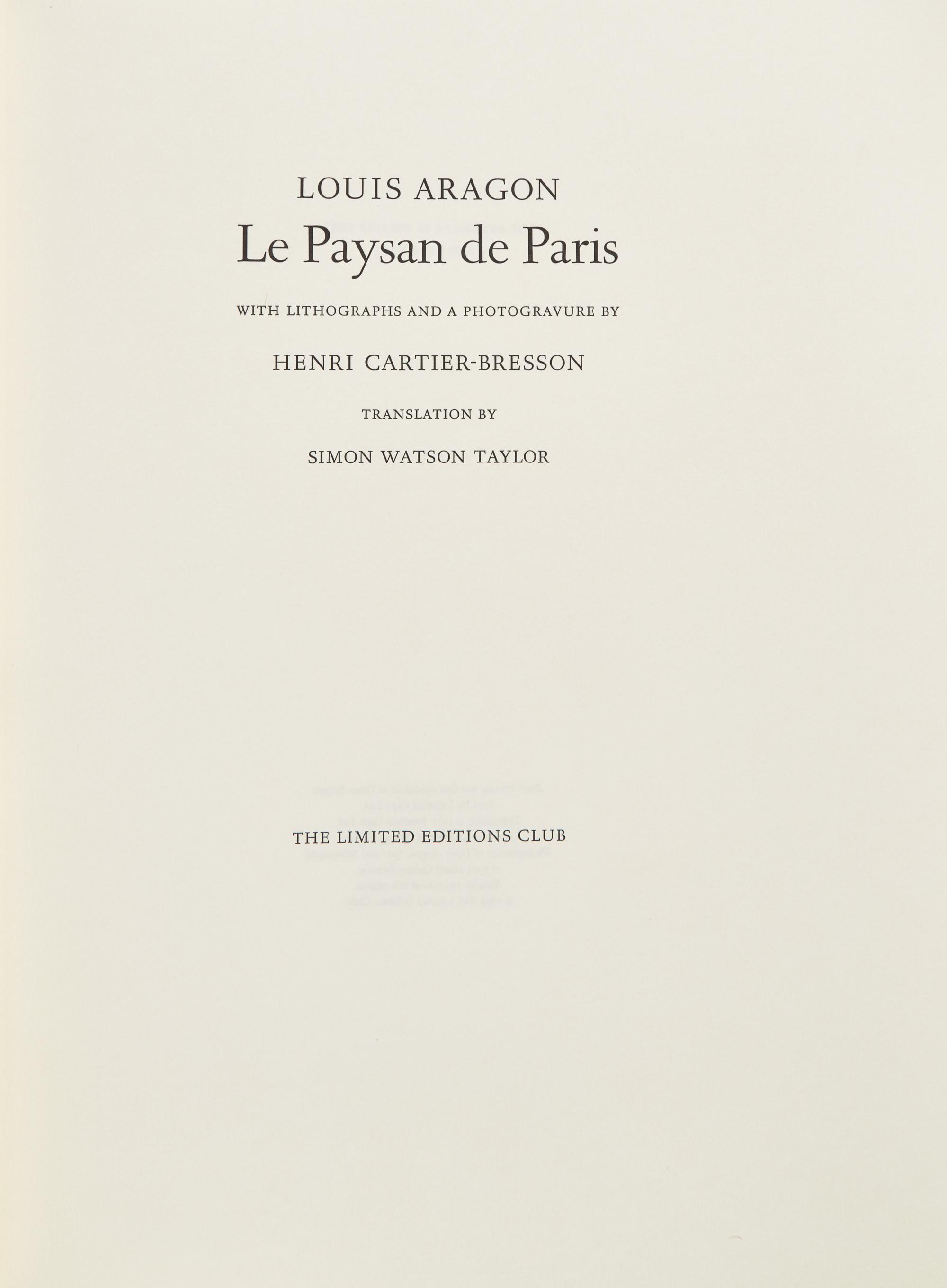 [LIMITED EDITIONS CLUB]. ARAGON, Louis (1897-1982). Le Paysan de Paris. New York: The Limited Editions Club, [1994].