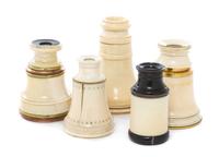 A Collection of Five Ivory Veneered Monoculars, Height of tallest 3 1/4 inches (open).