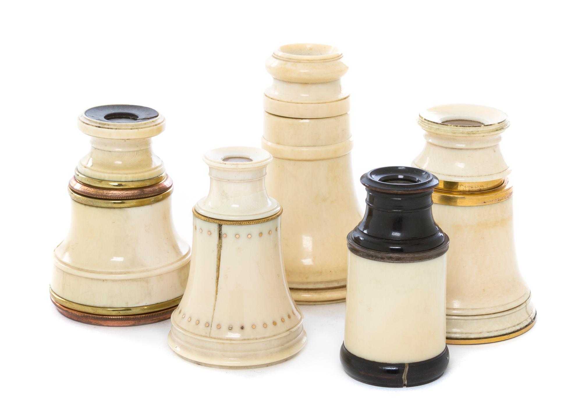 A Collection of Five Ivory Veneered Monoculars, Height of tallest 3 1/4 inches (open).