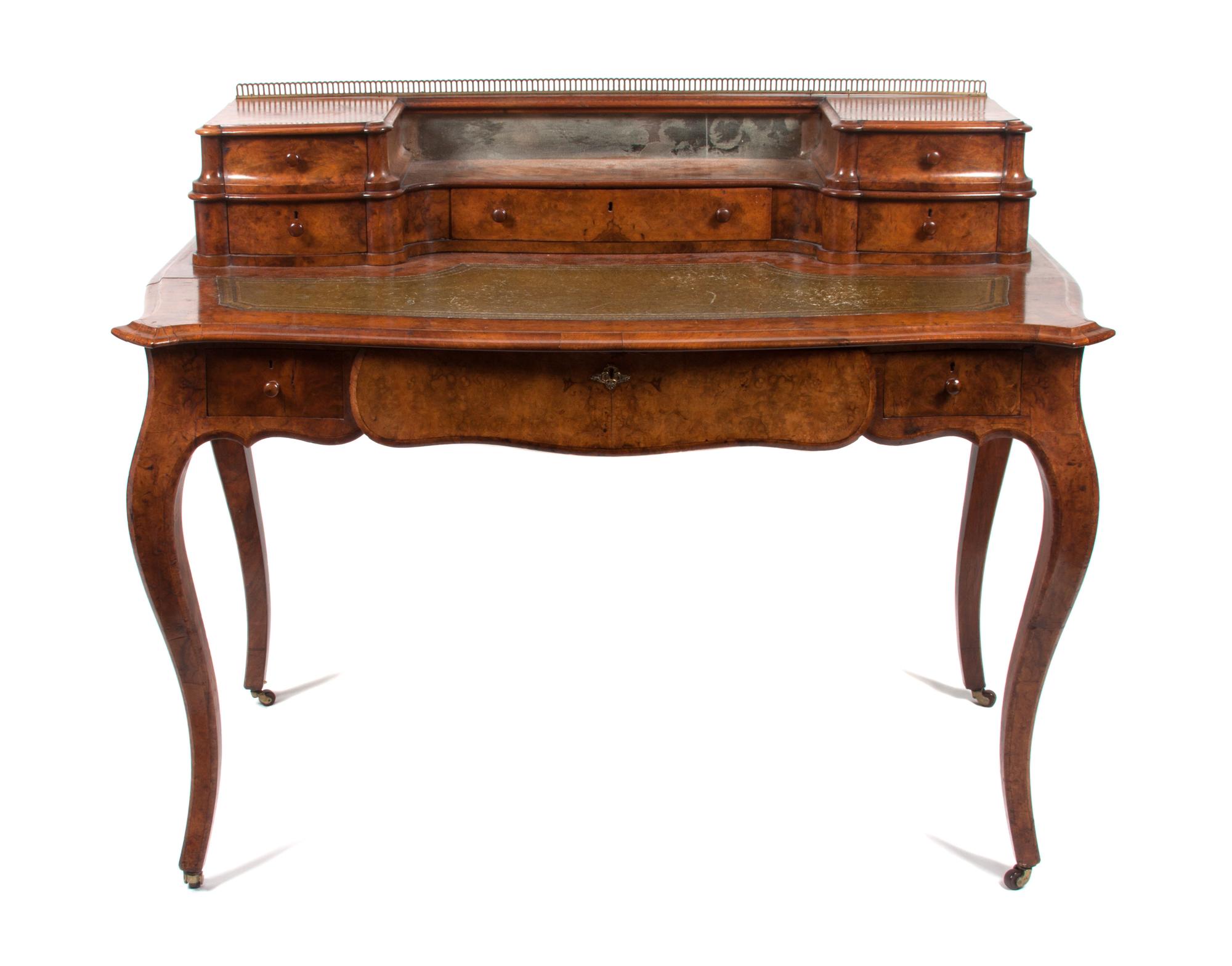 A Burlwood Writing Desk Height 34 x width 47 x depth 26 inches.