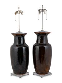 A Pair of Chinese Mirror Brown-Glazed Porcelain Baluster Vases — 20TH CENTURY