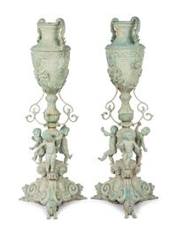 A Pair of Neoclassical Style Patinated Cast Metal or Bronze Urns