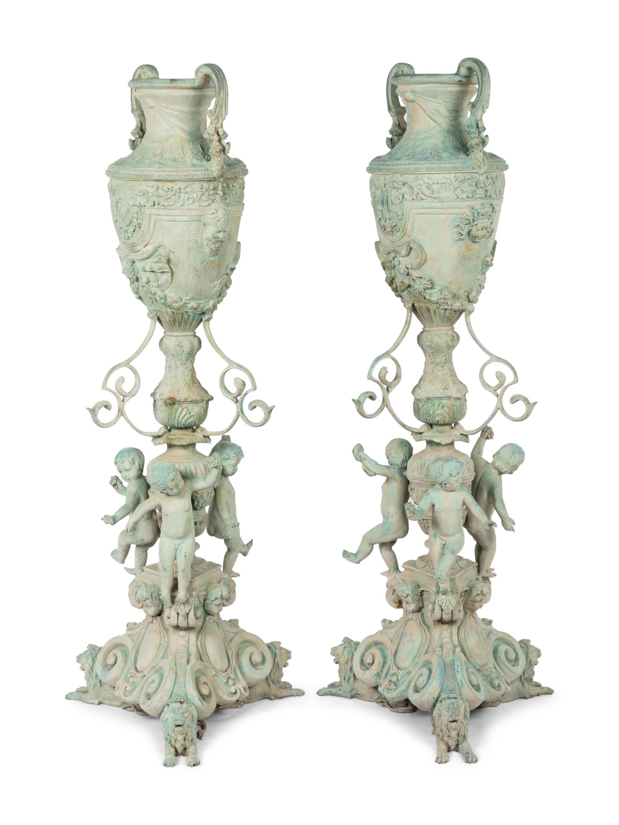 A Pair of Neoclassical Style Patinated Cast Metal or Bronze Urns