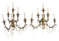 A Pair of Continental Gilt Bronze Six-Light Sconces Height 26 inches.