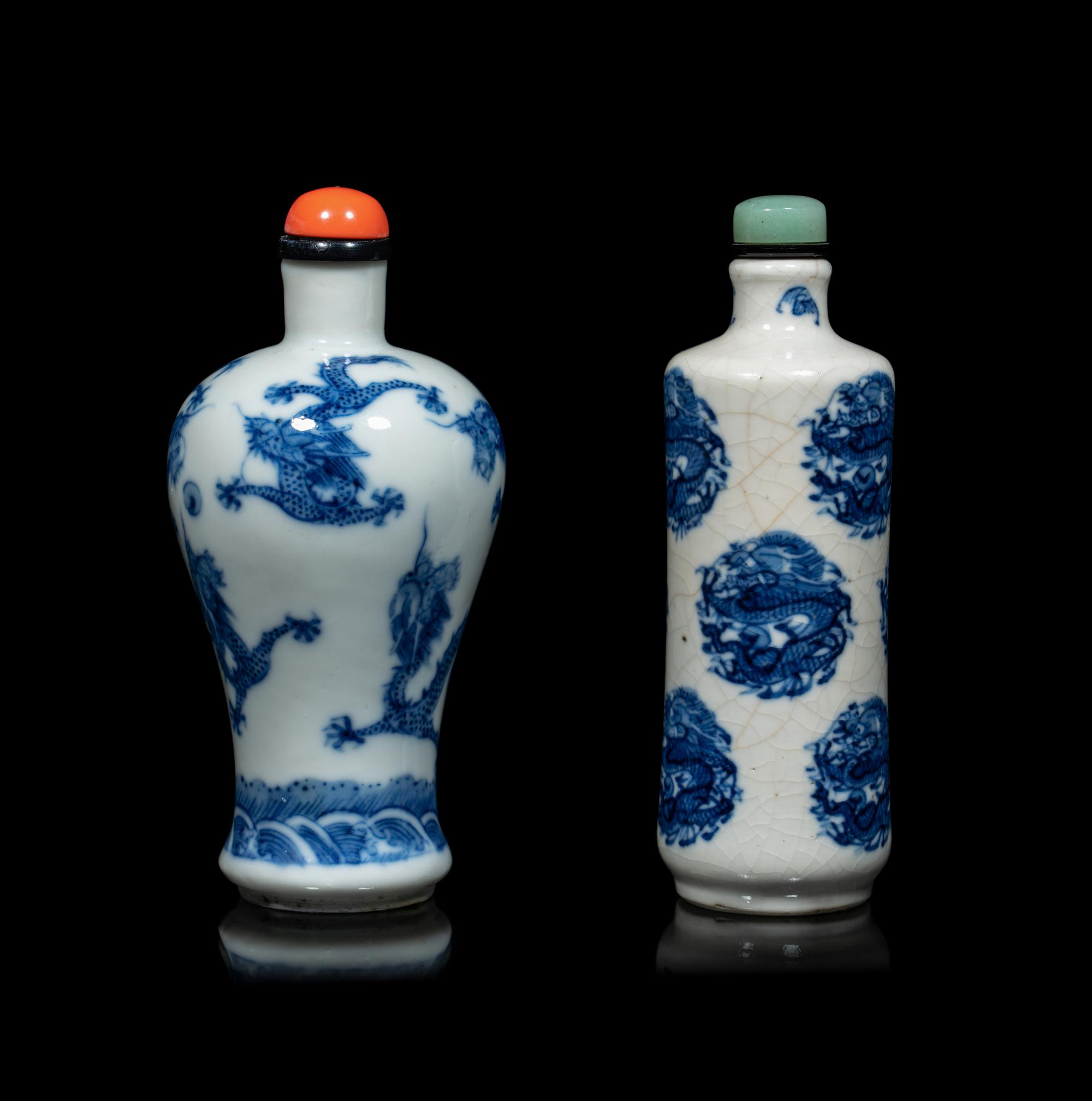 Two Chinese Blue and White Porcelain 'Dragons' Snuff Bottles