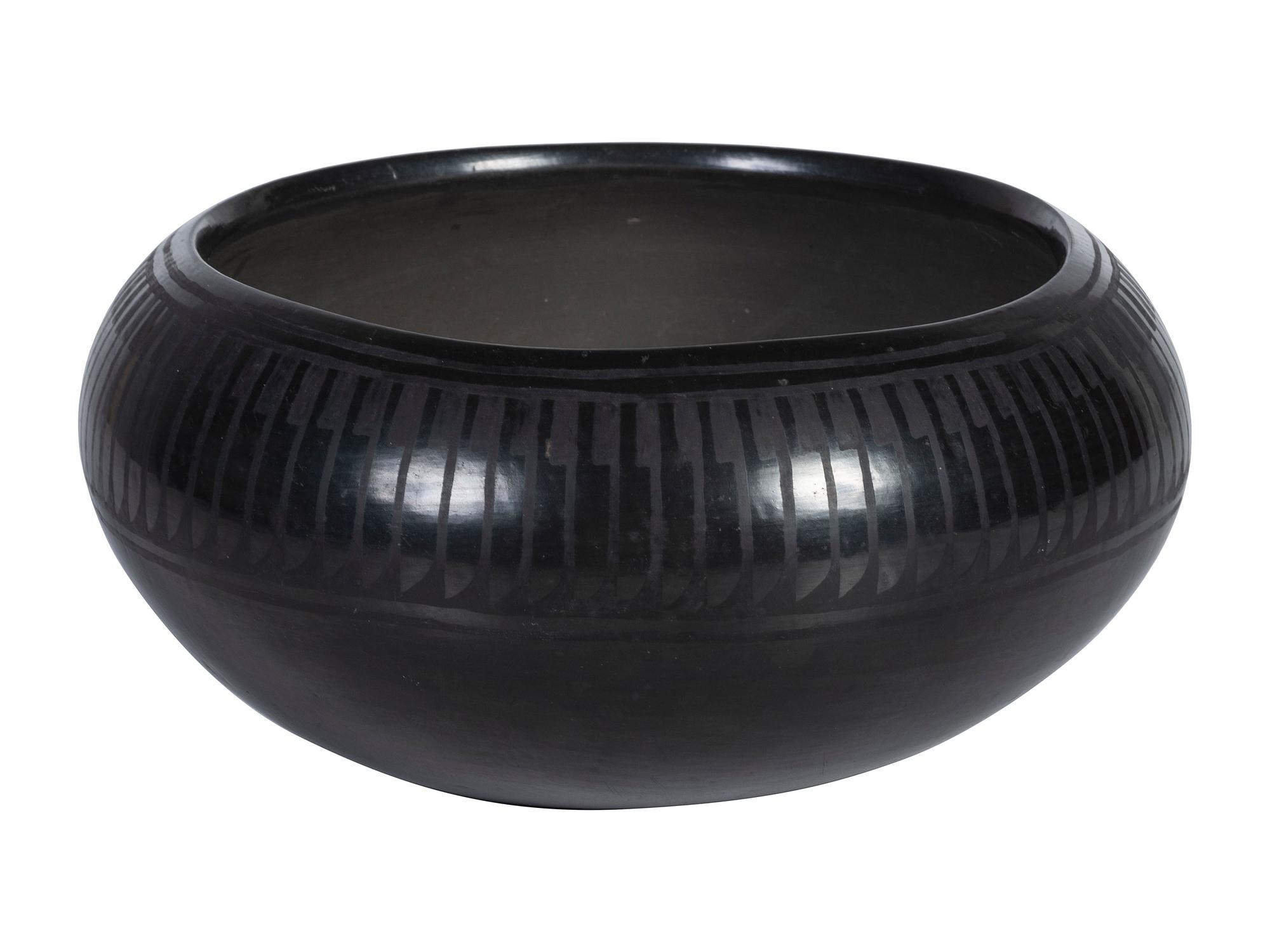 Blackware Pottery Bowl, with Repeating Feather Design