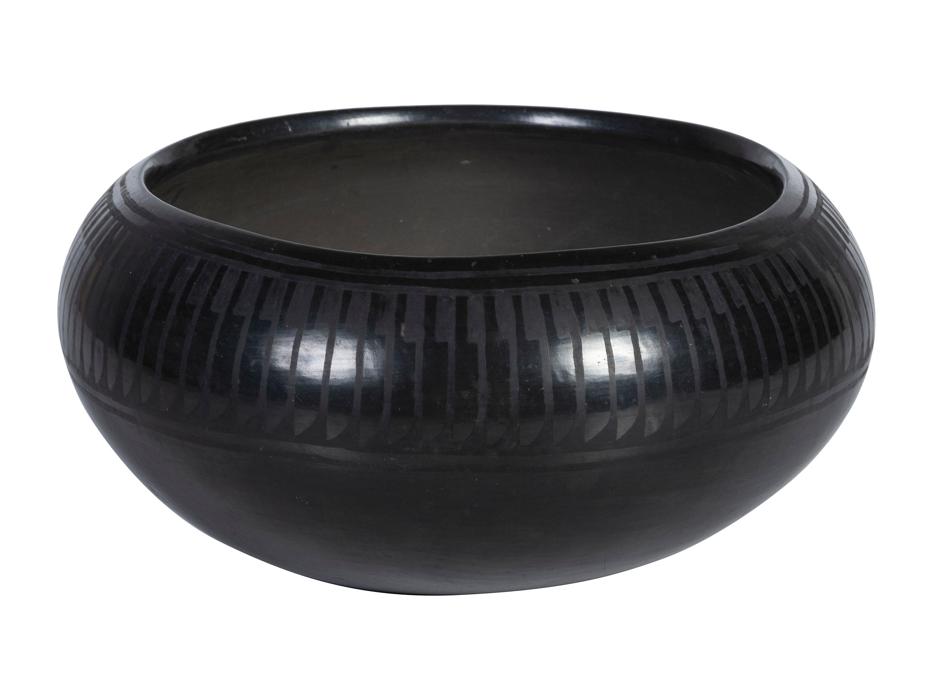 Blackware Pottery Bowl, with Repeating Feather Design