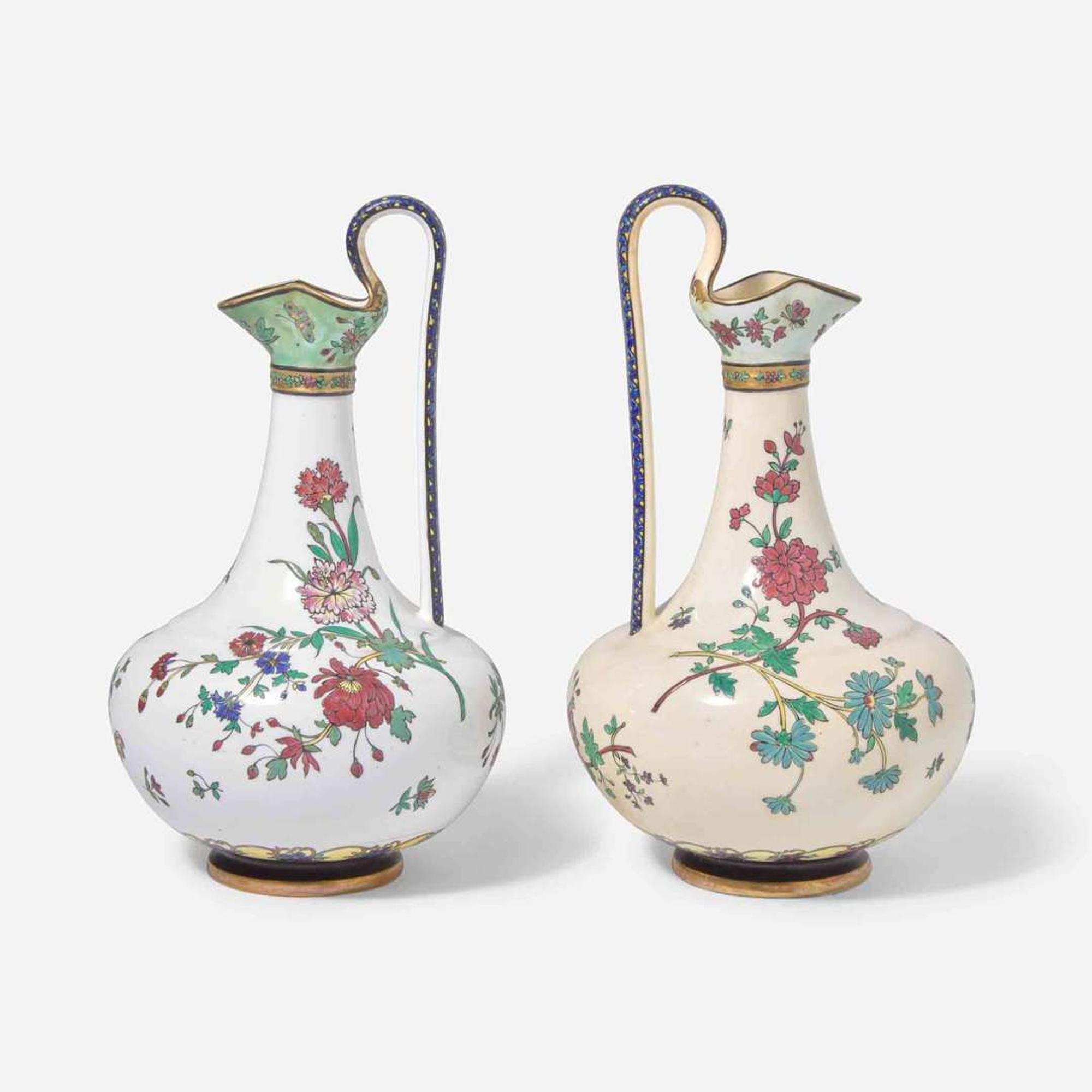A near pair of Rörstrand enameled porcelain ewers Stockholm, Sweden, dated "1874"