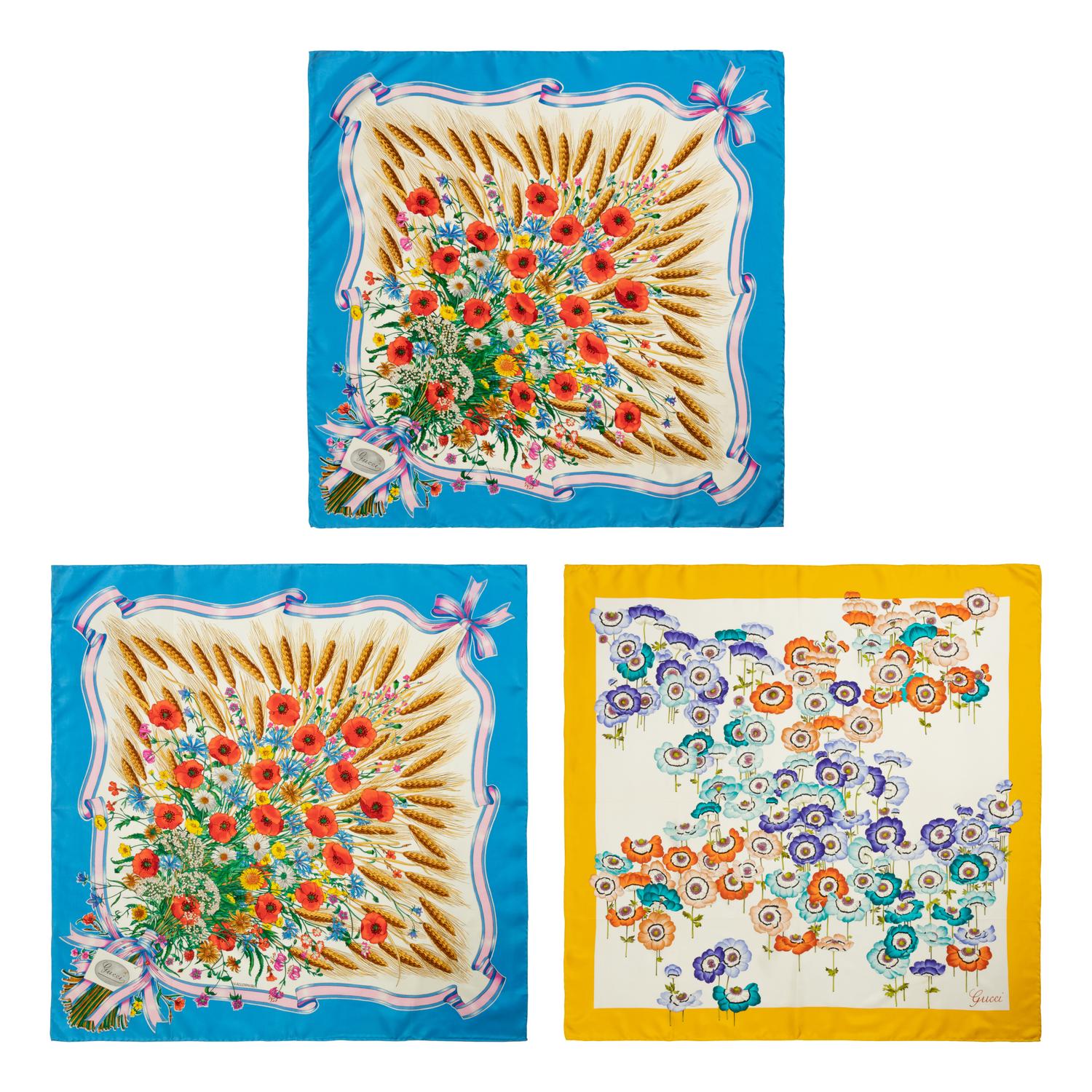 Three Gucci Silk Scarves, 1970-80s