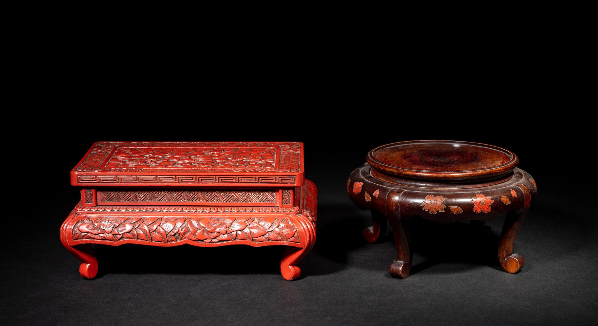 Two Chinese Lacquered and Wood Stands
