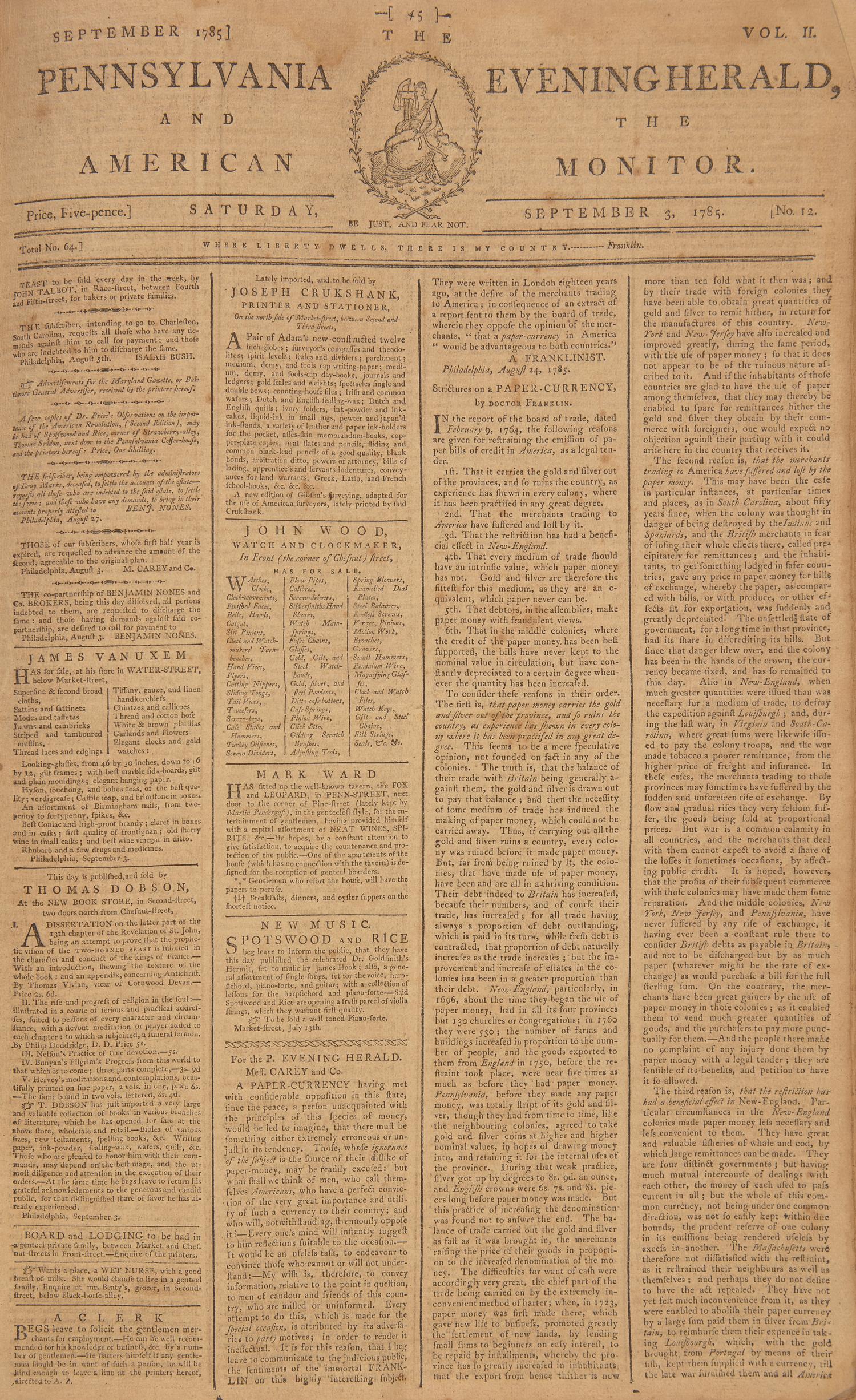 [Americana] (Carey, Mathew). Carey's Pennsylvania Evening Herald and American Monitor, Group of Almost 100 Issues