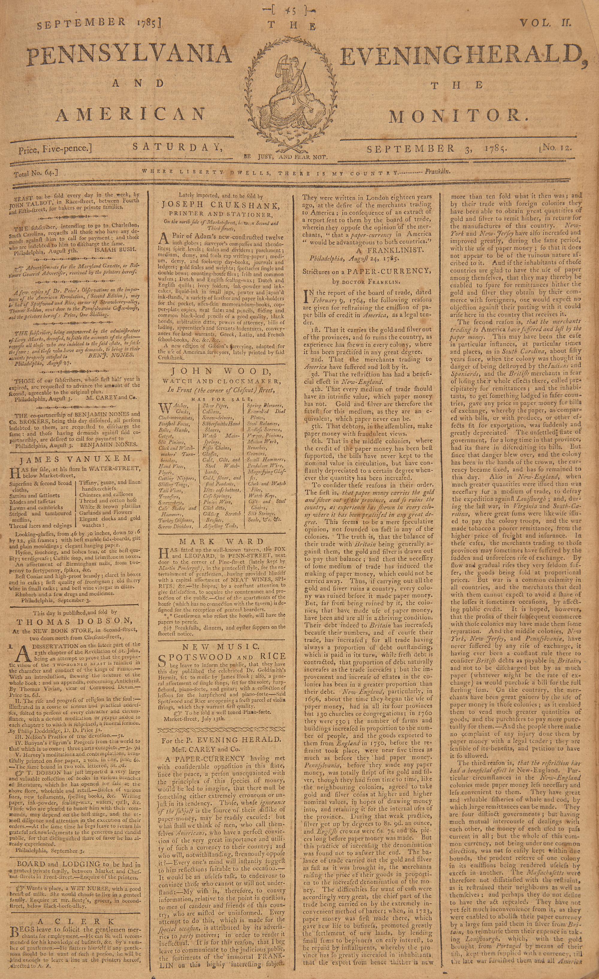 [Americana] (Carey, Mathew). Carey's Pennsylvania Evening Herald and American Monitor, Group of Almost 100 Issues