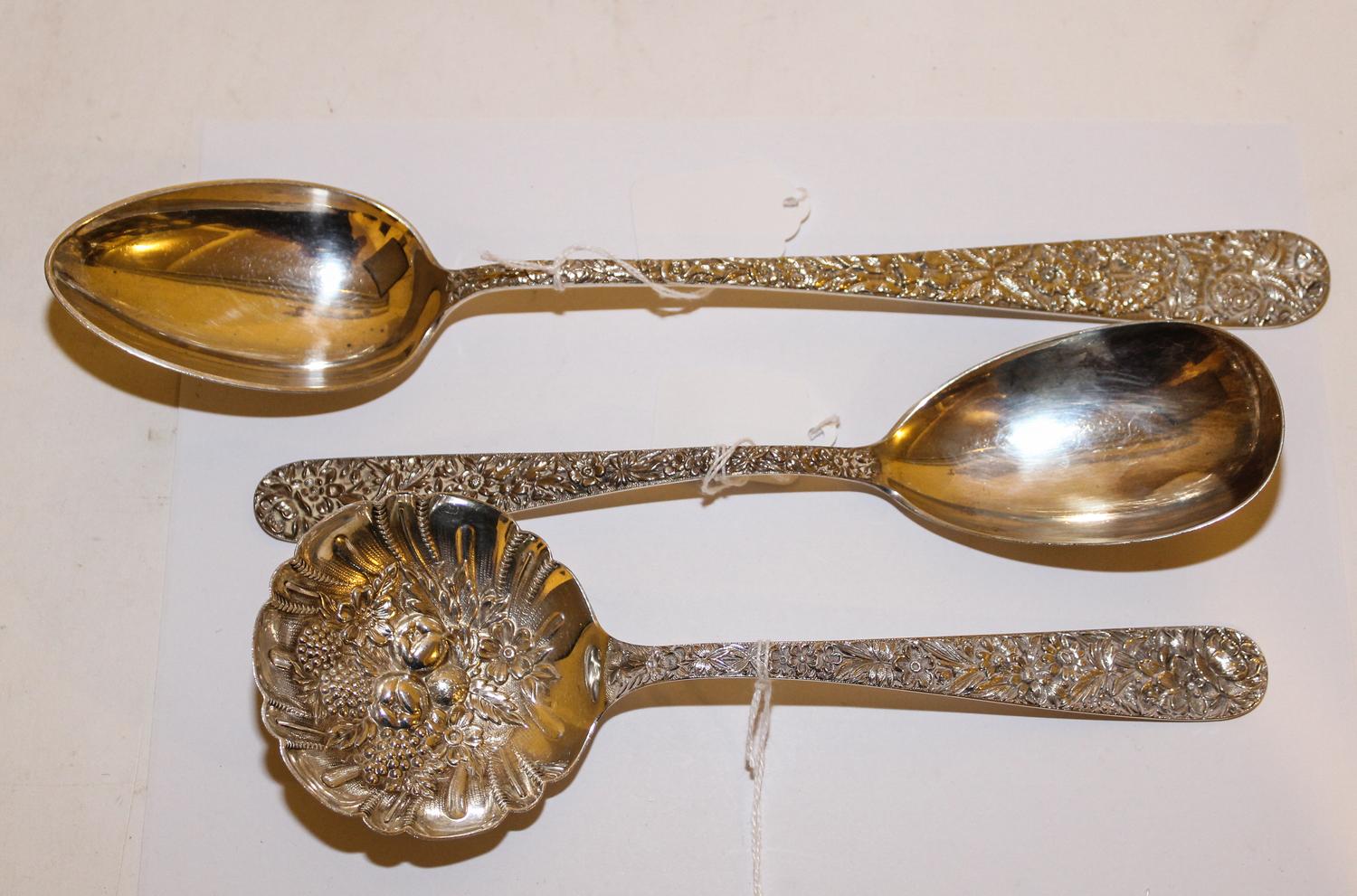 Three American Silver Serving Spoons, S. Kirk & Son, Baltimore, MD, comprising a stuffing spoon, a vegetable serving spoon and a berry
