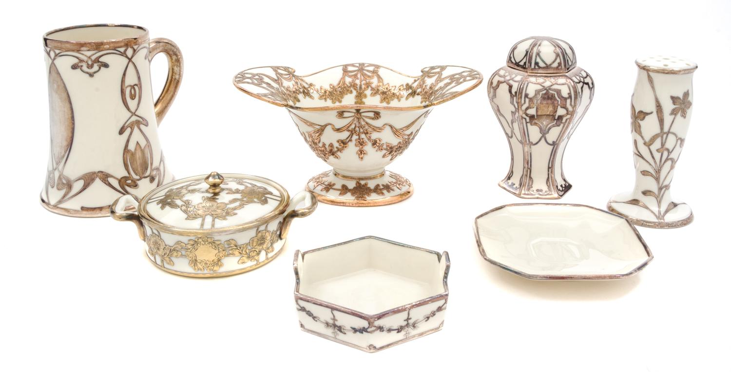 A Group of Lenox Porcelain Silver Overlay Table Articles Height of first 7 3/4 inches.