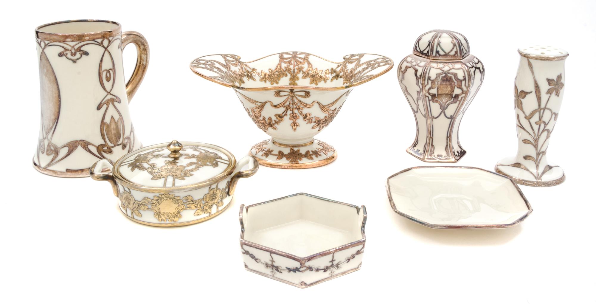 A Group of Lenox Porcelain Silver Overlay Table Articles Height of first 7 3/4 inches.