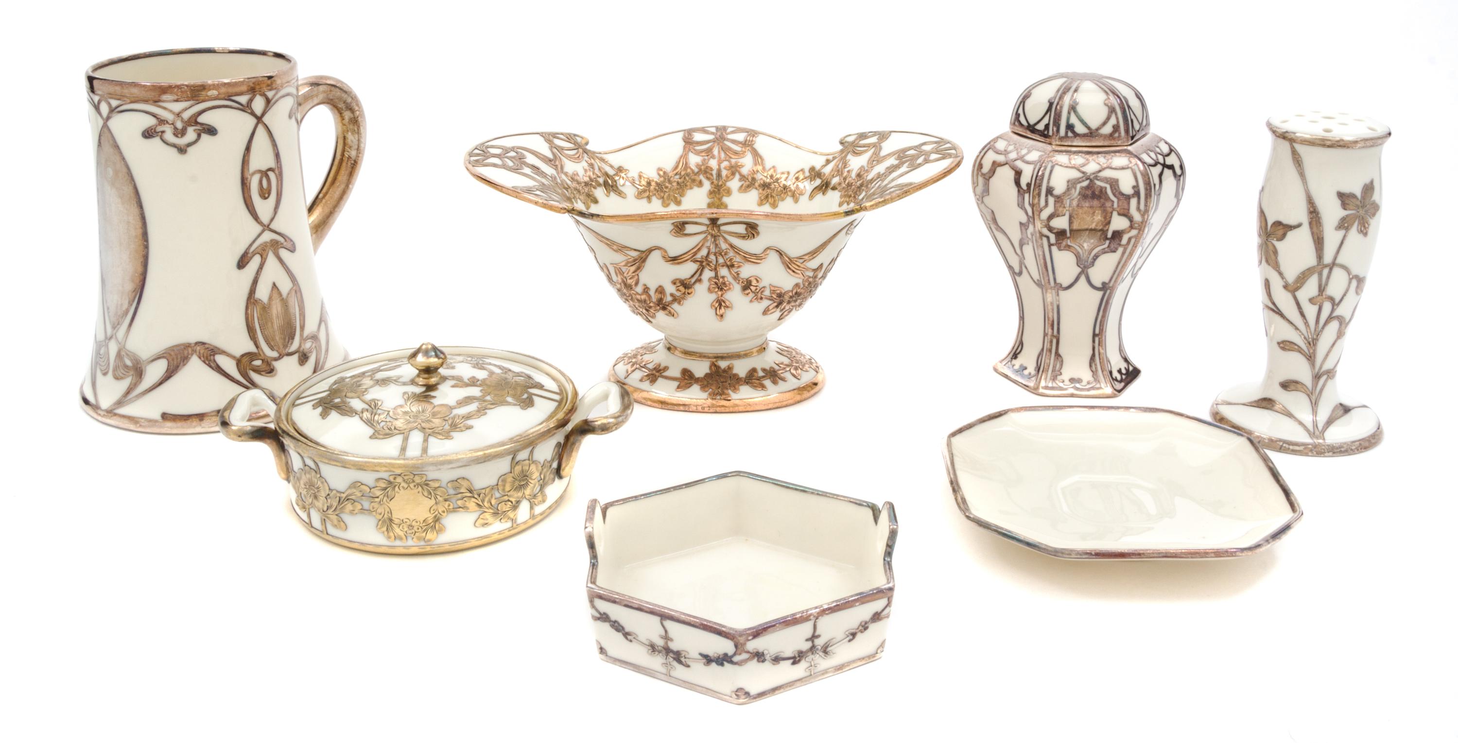 A Group of Lenox Porcelain Silver Overlay Table Articles Height of first 7 3/4 inches.