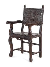 A Henry II Style Leather-Upholstered Open Armchair