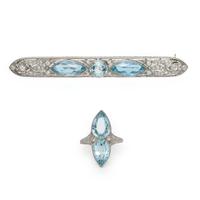 WHITE GOLD, AQUAMARINE, AND DIAMOND RING AND BAR PIN