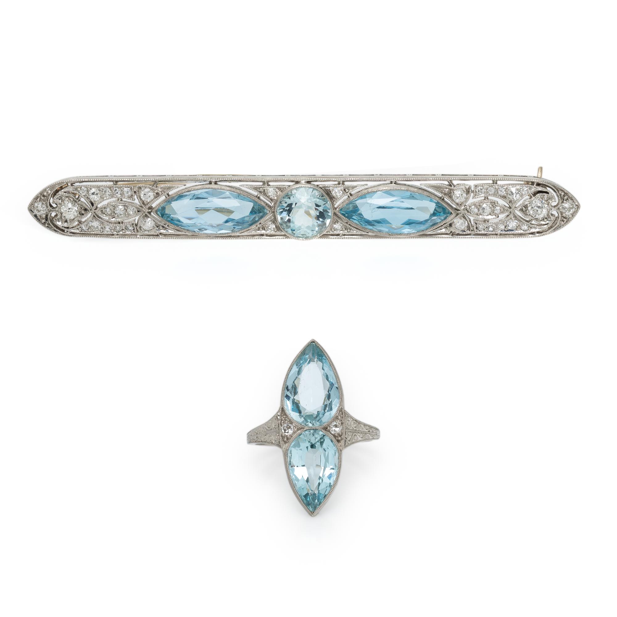 WHITE GOLD, AQUAMARINE, AND DIAMOND RING AND BAR PIN