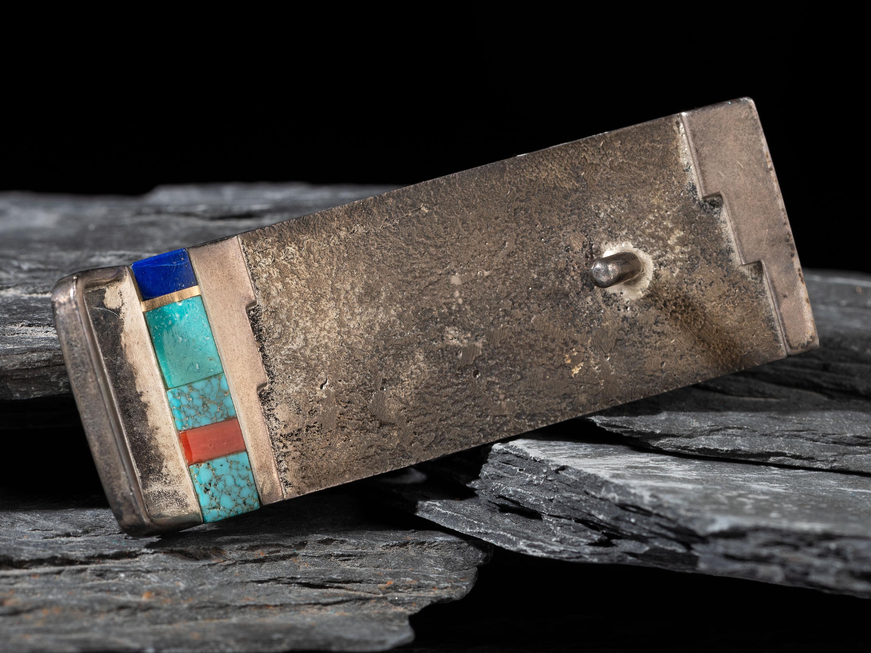 Tufa Cast Silver and Cobbelstone Inlay Belt Buckle, with Gold Accents