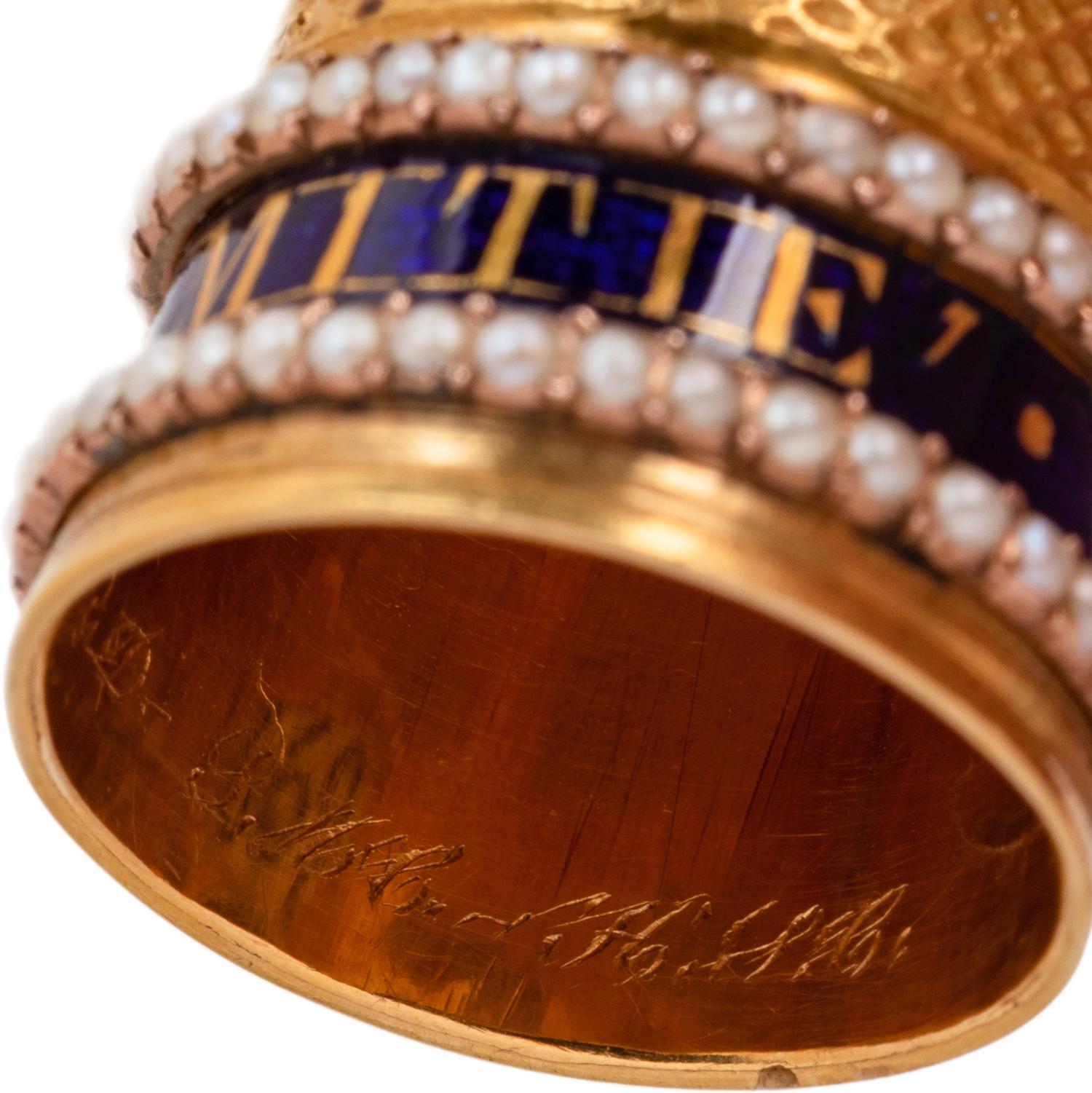 A Georgian Yellow Gold, Enamel and Pearl-Inset 'Mourning' Thimble