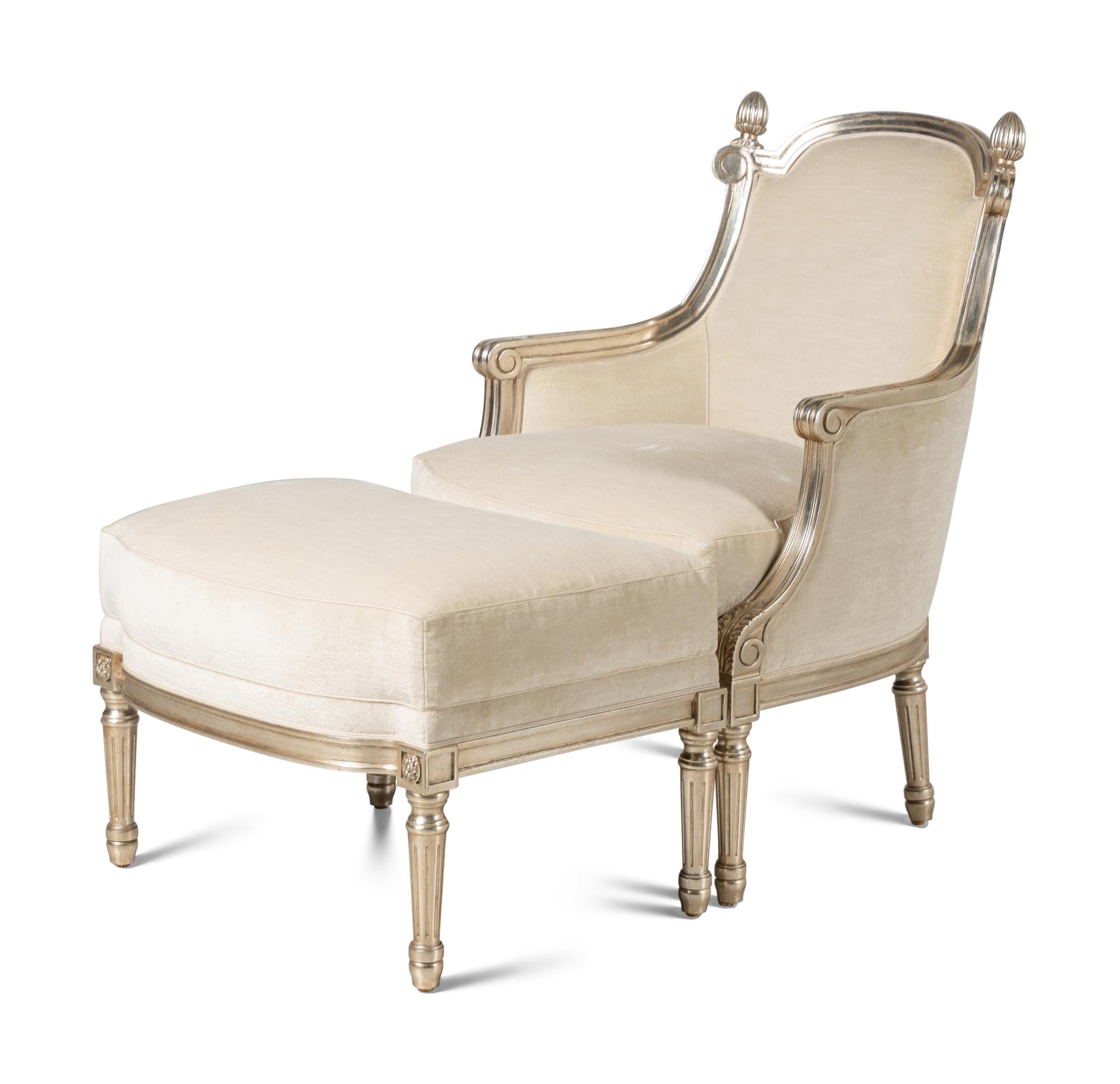 A Pair of Nancy Corzine Silvered Acorn Lounge Chairs and Ottomans