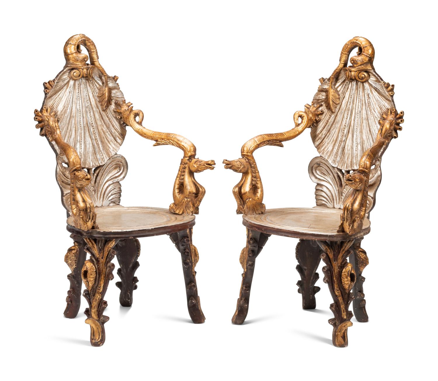 A Pair of Italian Grotto Style Giltwood Armchairs