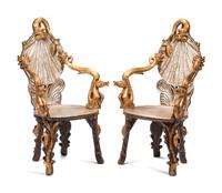A Pair of Italian Grotto Style Giltwood Armchairs