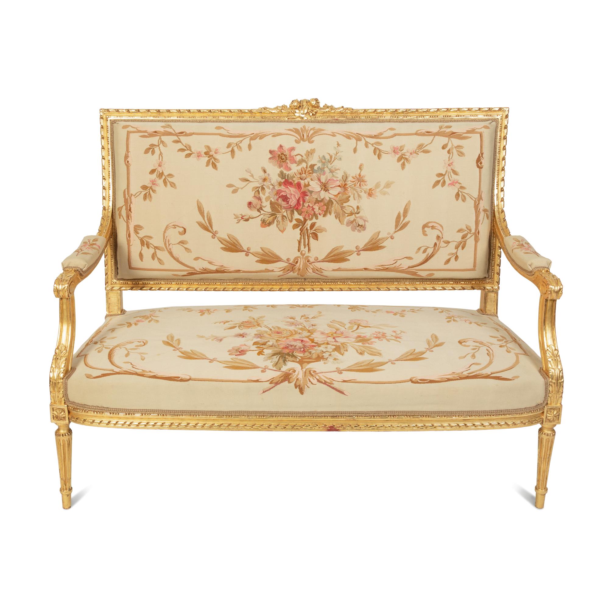 A Louis XVI Style Giltwood Five-Piece Salon Suite