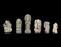 Six Chinese Pale Celadon Jade Figures