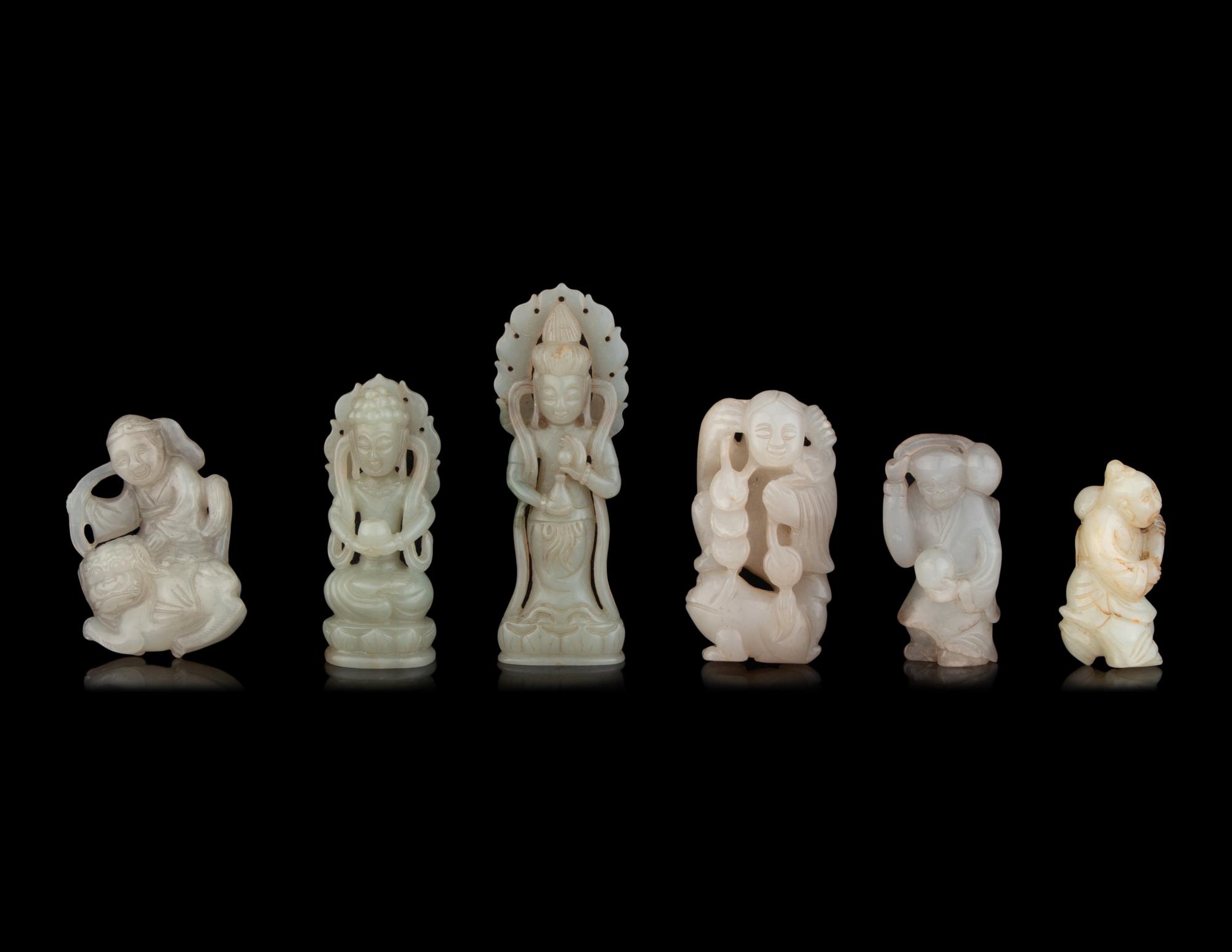Six Chinese Pale Celadon Jade Figures