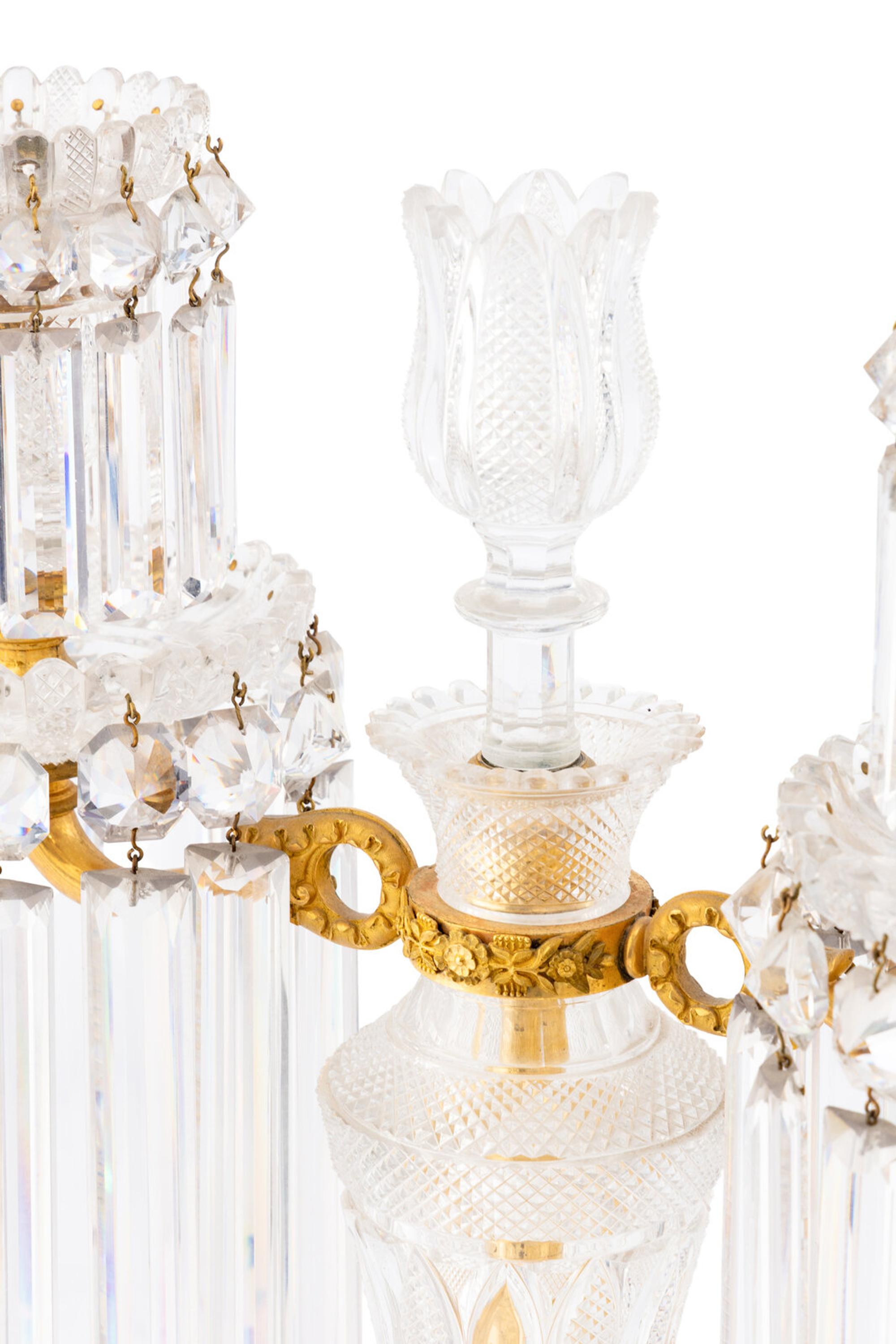 A Pair Regency Ormolu Mounted Cut-Glass Three-Light Candelabra