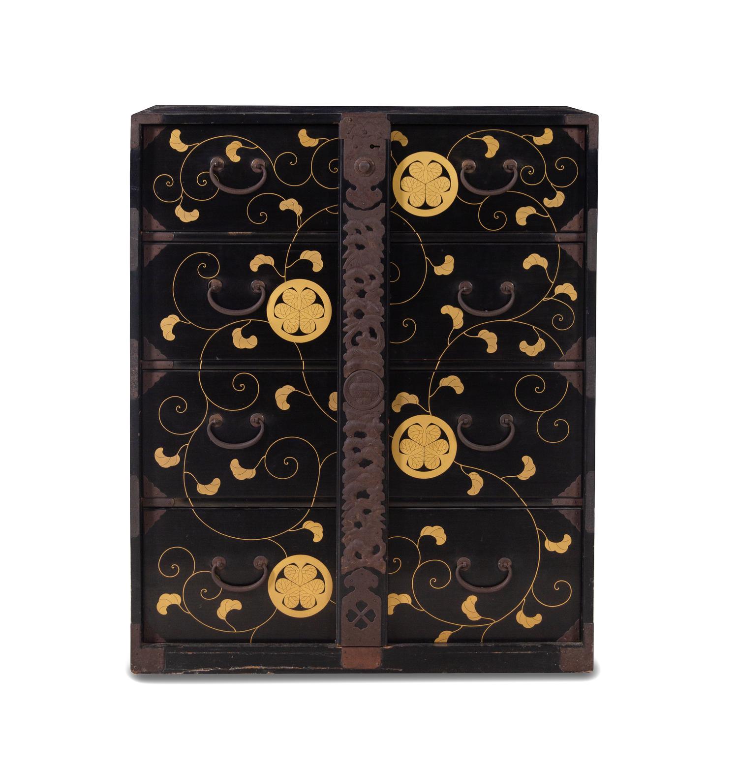 A Japanese Iron Mounted Lacquered Cabinet