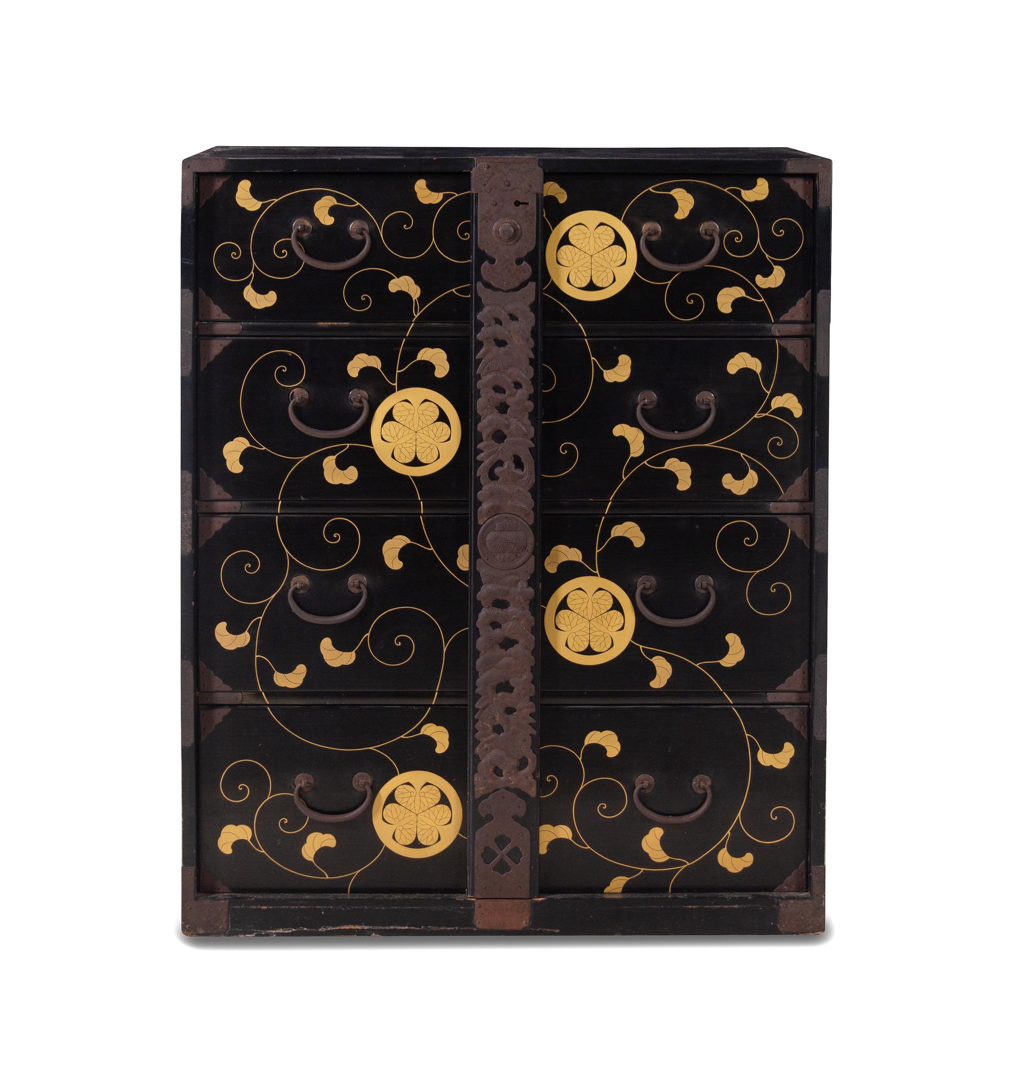 A Japanese Iron Mounted Lacquered Cabinet