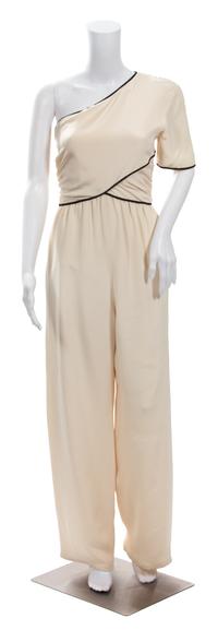 A Bill Blass One Shoulder Cream Silk Jumpsuit, Size 10.