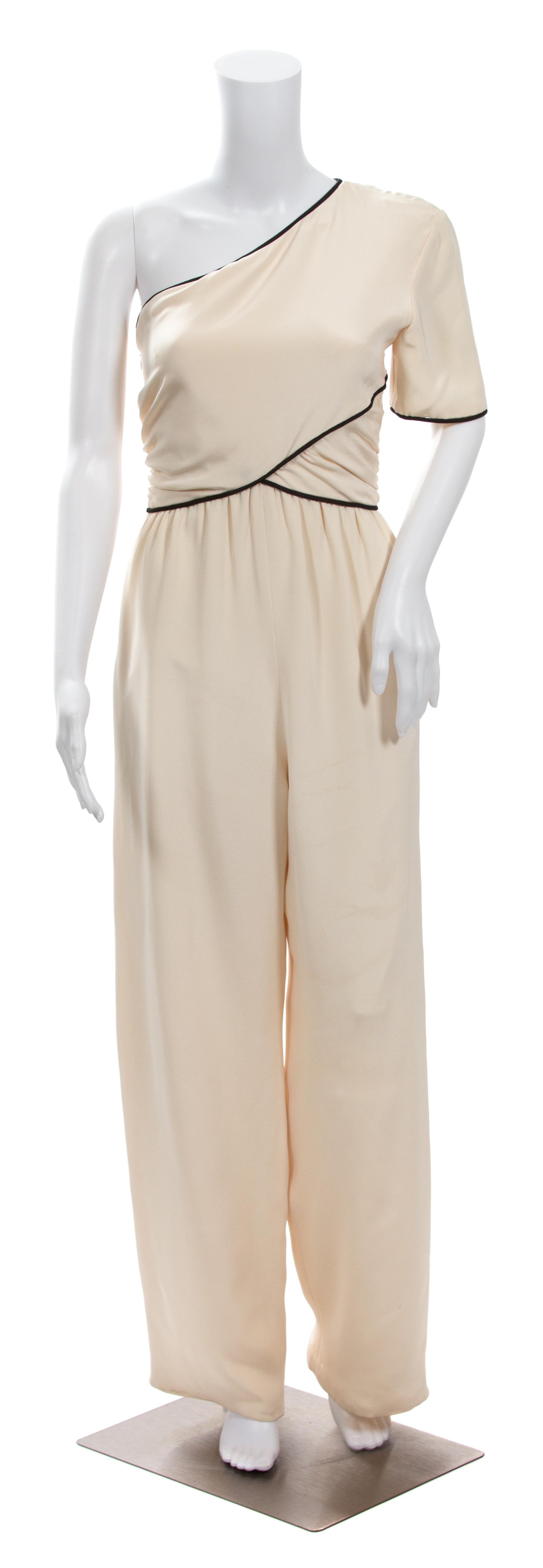 A Bill Blass One Shoulder Cream Silk Jumpsuit, Size 10.