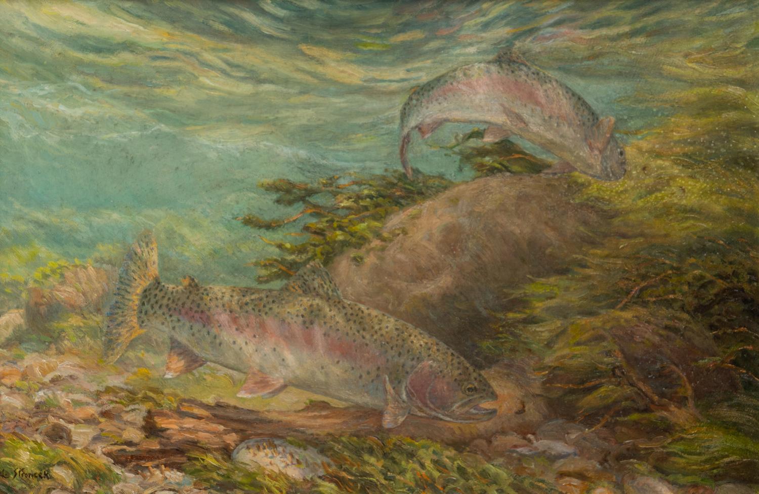 Two Works: Outlet, Lake Rotaroa , 1997, oil on board and Fish in the Stream, oil on canvas