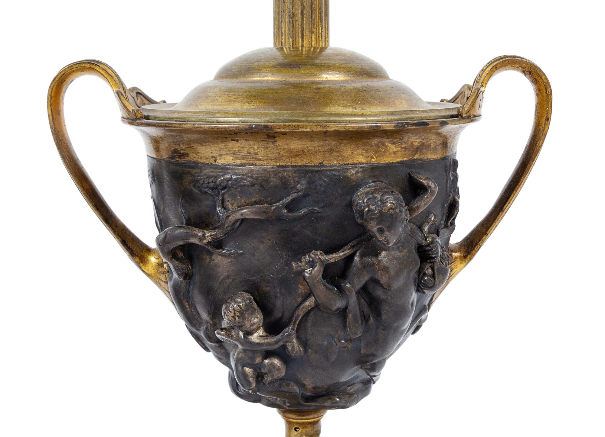 A Pair of Grand Tour Bronze and Marble Urns Mounted as Lamps