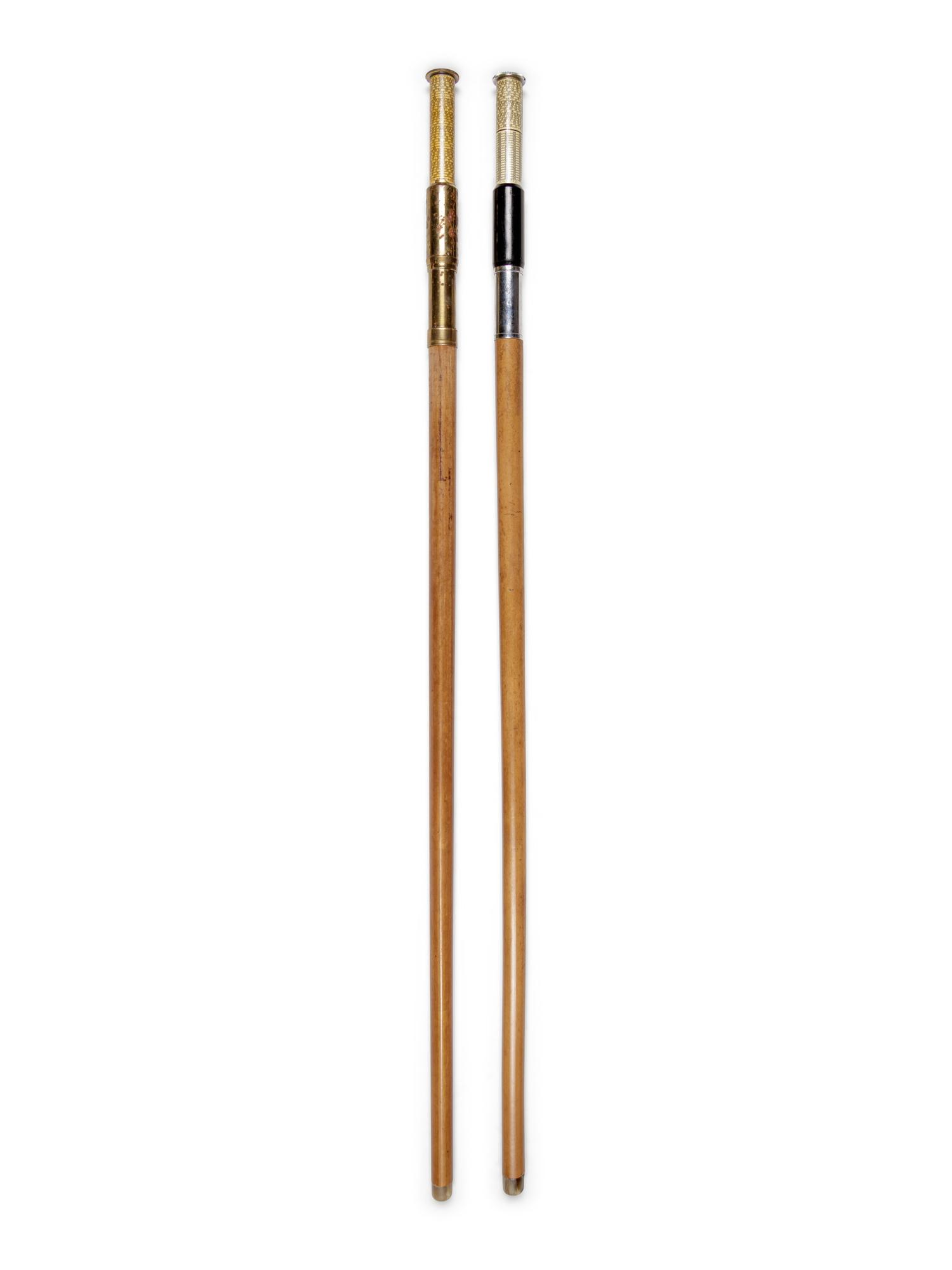 Two English Metal Mounted Otis King Pocket Calculator System Walking Sticks